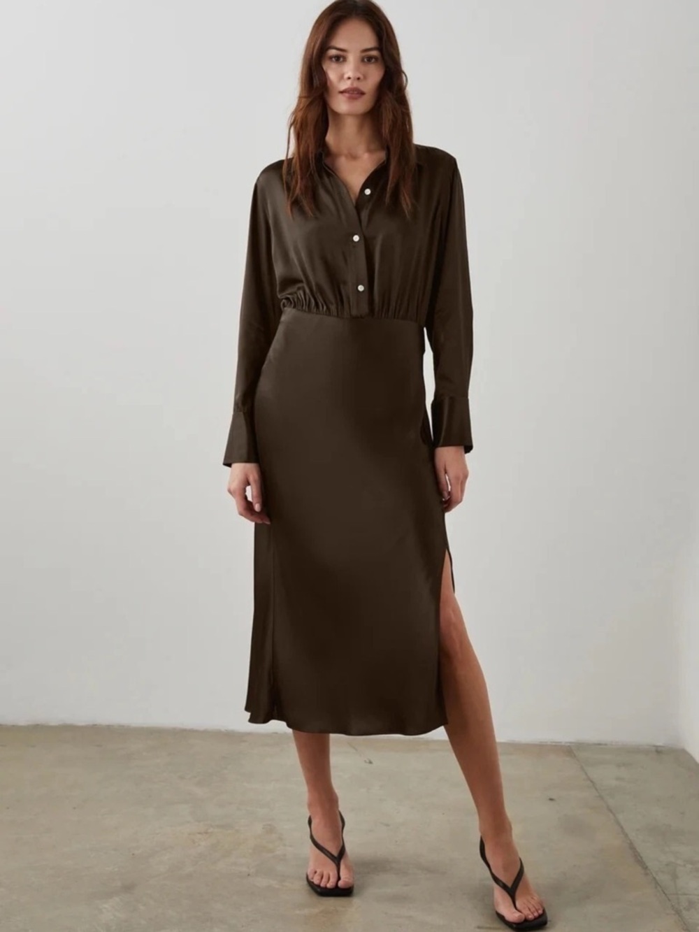 Rails Brown Satin Slip Midi Dress Layered Shirt 90s Minimal Chic Capsule